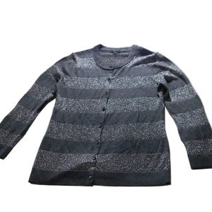 ANN TAYLOR  SZ Medium Gray Silver Metallic Stripe Merino Wool Mix Cardigan